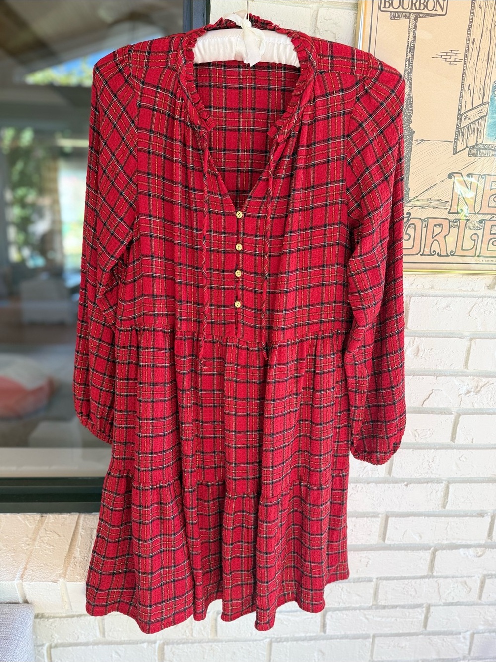 LOFT Red Plaid Tiered Button Mini Dress